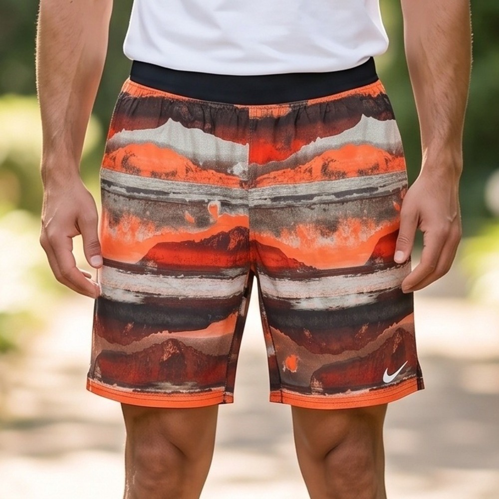 Nike Mens Running Shorts Canyon Landscape Print Orange Brown Black XL 8.5 Inseam